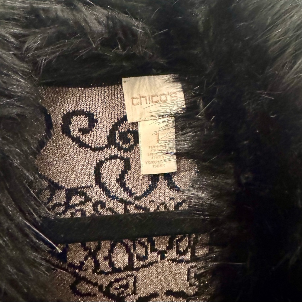 Chico’s Faux Fur Collar Lurex Cardigan Size M/Chico’s Size 1 - Picture 6 of 8